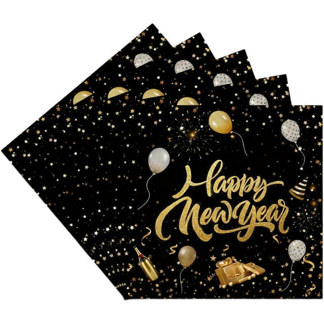 Serviettes du Réveillon du Nouvel An Noires et Dorées - 20 Pcs Décorations de Fête Jetables
