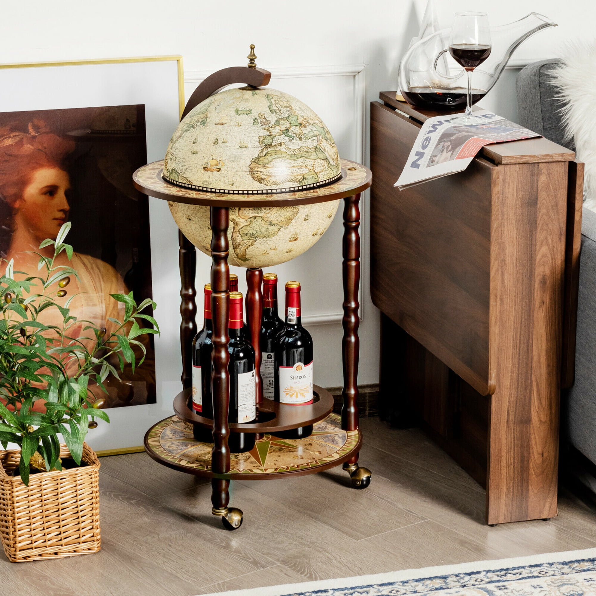 Gymax 16th Century Italian 17'' Wood Globe Wine Bar Stand Rack Liquor Bottle Shelf Cart