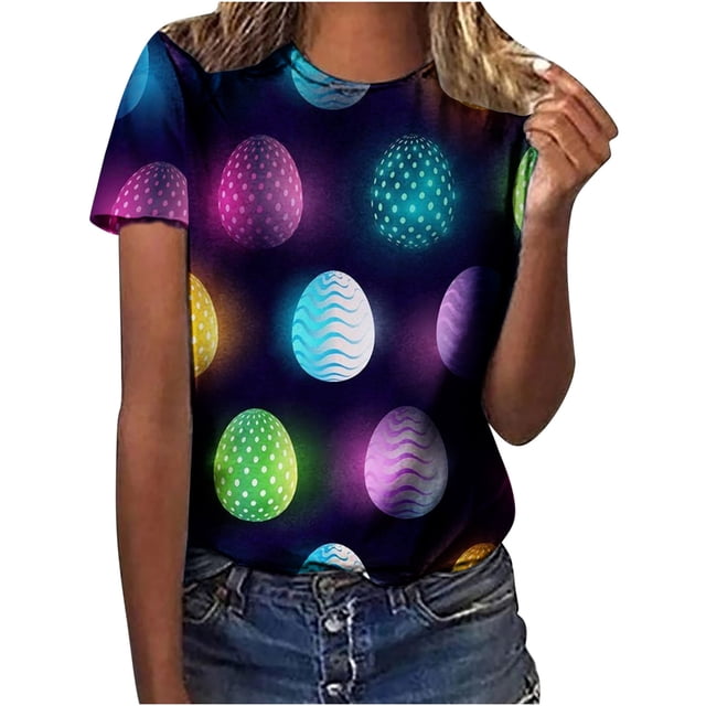Bowake T-Shirt Joyeuses Pâques pour Femmes, T-Shirt Graphique Œuf, Manches Courtes d'Été, Col Rond, Cadeau de Pâques, Noir 1