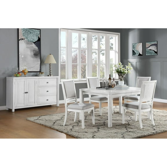 Dover 60-78-96" Rectangle Expand Dining Table Set White Wood Server Padded Chair
