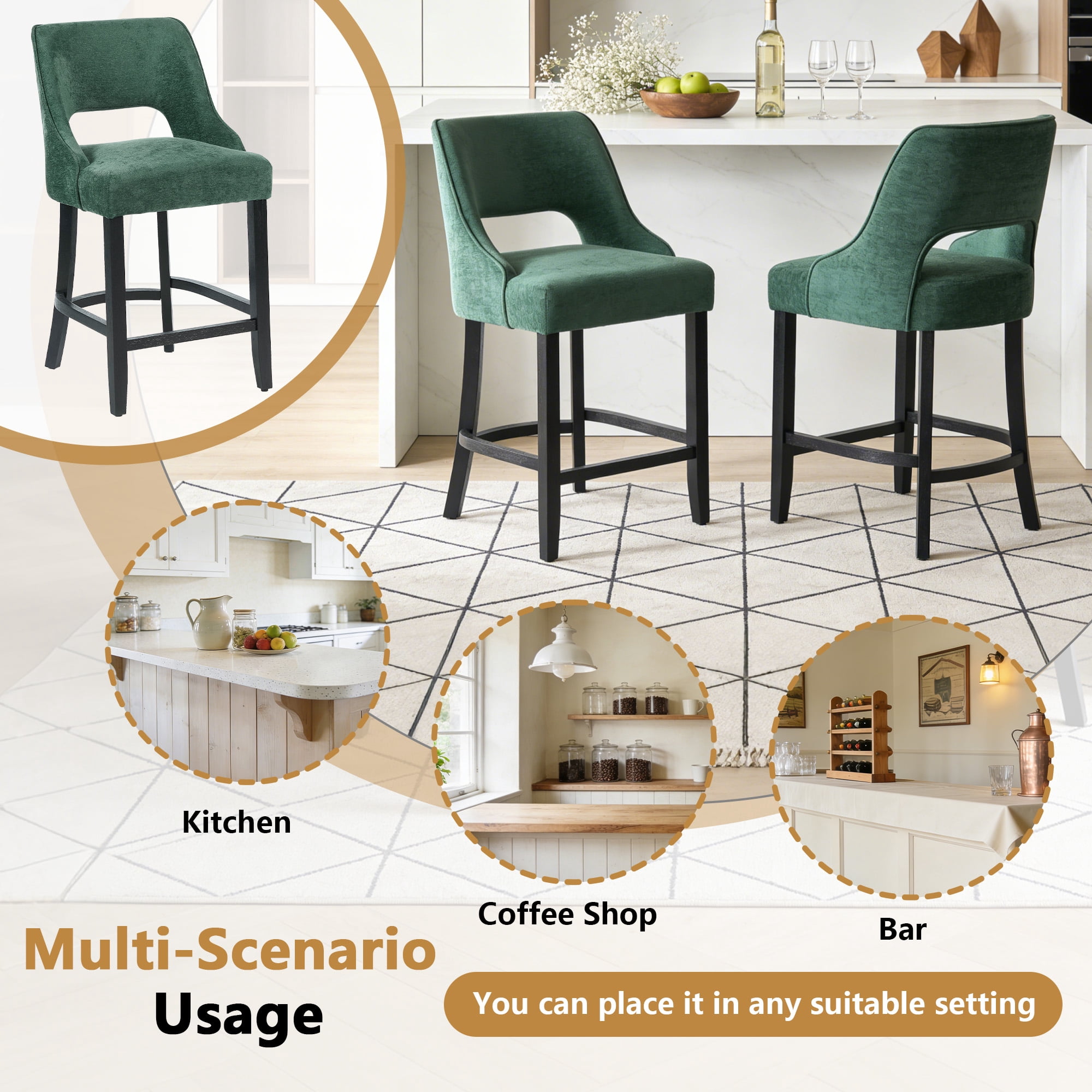 ClinQ 26'' Counter Height Bar Stools Set of 4, Upholstered Bar Stools With Black Curved Footrest， Modern Counter Stools with Back for Kitchen Island ，Green