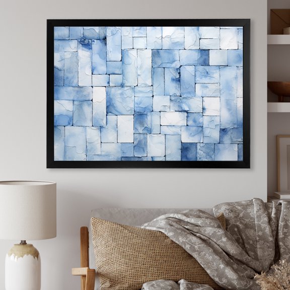 Designart "Scandinavian Tiles in White and Blue II" Geometric Framed Wall Art Decor - Bohemian Blue Boho Mosaic Bedroom Framed Canvas Wall Art