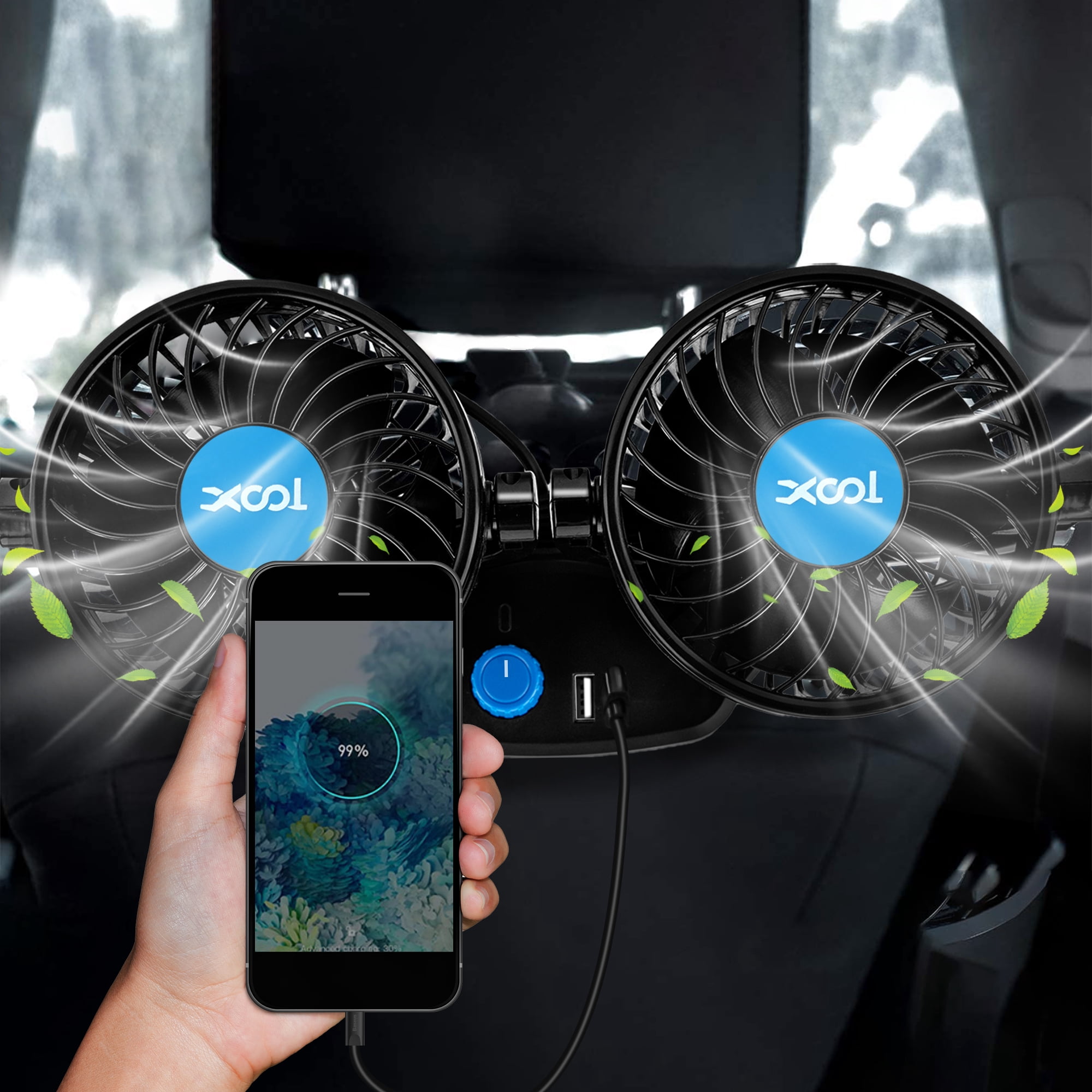 Car Fan, Electric Car Fan for Rear Seat Passenger Portable 360 Degree 12V Cooling Air Fan for SUV, RV, Vehicle (2 USB Charging Ports)