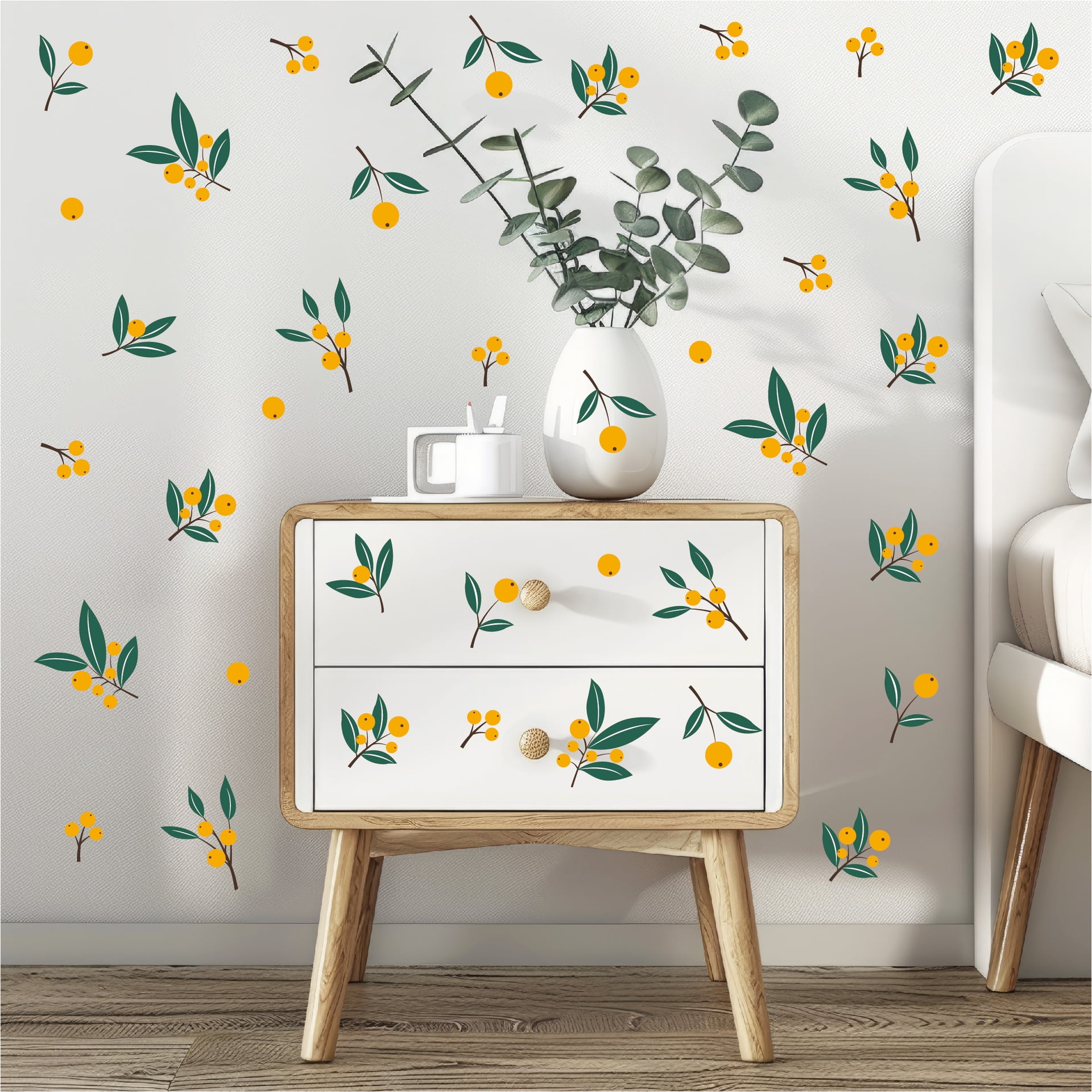 50 Pcs Orange Fruit Green Leaves Decals Removable Wall Stickers Vinyl Peel and Stick Kitchen Living Room Bedroom Decor