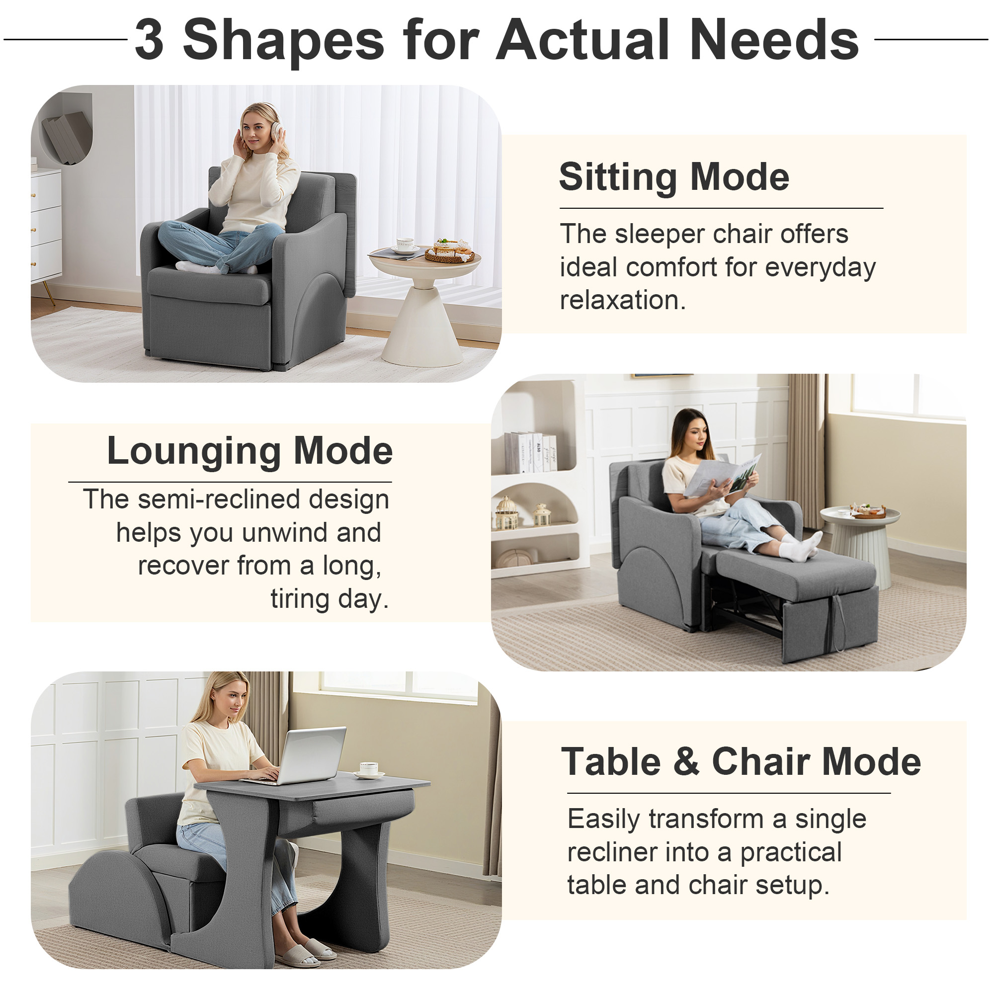 VNT 3-in-1 Convertible Sofa Bed Chair, Sleeper Chair with 6 Levels Adjustable Backrest & Pull Out Function for Living room, Apartment, Gray