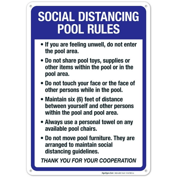 Social Distancing Pool Rules Sign, Pool Sign, 18x18 Reflective Aluminum
