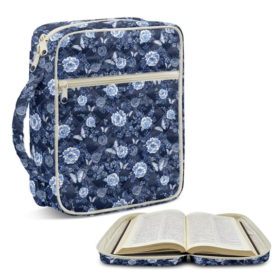 FUIALDOLG Butterfly Bible Cover Case for Women Blue Flower Bible Tote Bag Large Quilted Bible Carrying Case with Zipper Christian Carrying Book Cover for Christian Study Supplies Accessories