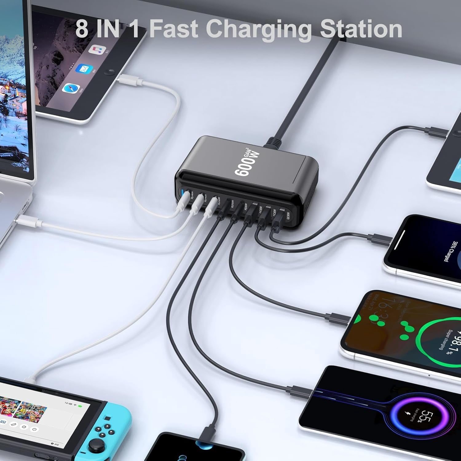 600W USB-C Charger, 100W USB-C Charging Block, 8-Port GaN III Fast Charging Station Hub, 140W PD 3.1 Laptop Charger Adapter Compatible with MacBook Pro/Air, DELL, Steam Deck, iPhone 17/16/15