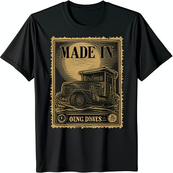 Vintage Black T-Shirt with Gold Graphic Old Car & Full Moon Design