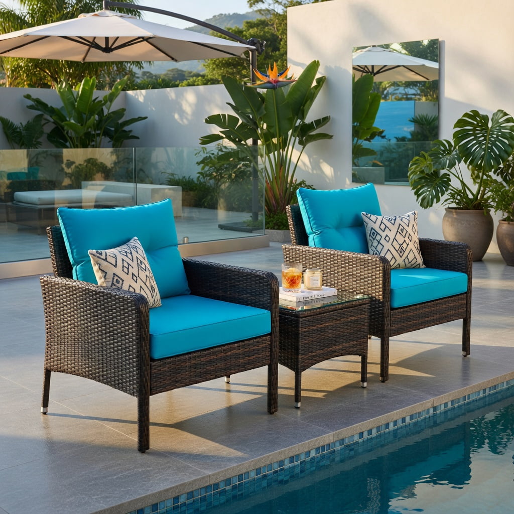 Hommoo 3-Piece Outdoor Wicker Patio Conversation Set, PE Rattan Chairs with Cushions, Tempered Glass Coffee Table for Backyard, Balcony & Poolside, Turquoise
