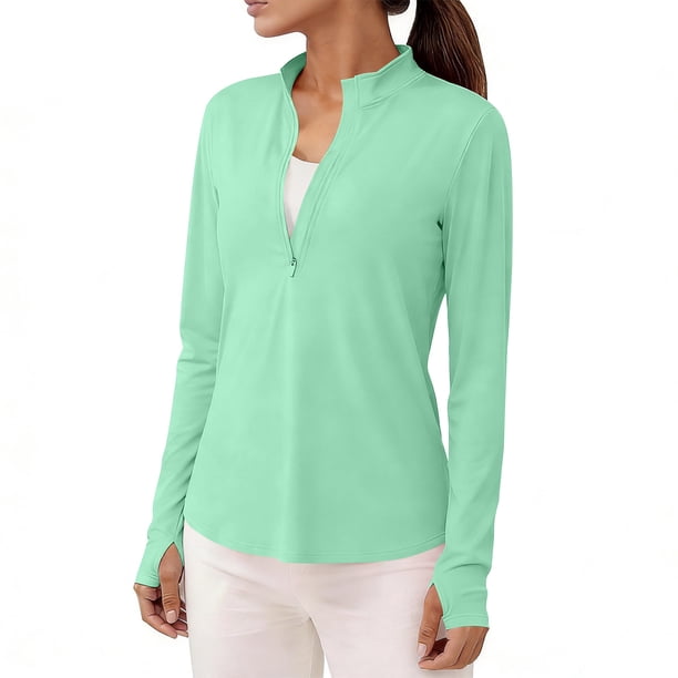 Craaazy Women Athletic Half Zip Top, Solid Color Long Sleeve Sun Protection Shirt, Slim Fit Stand Collar Top for Workout Gifts