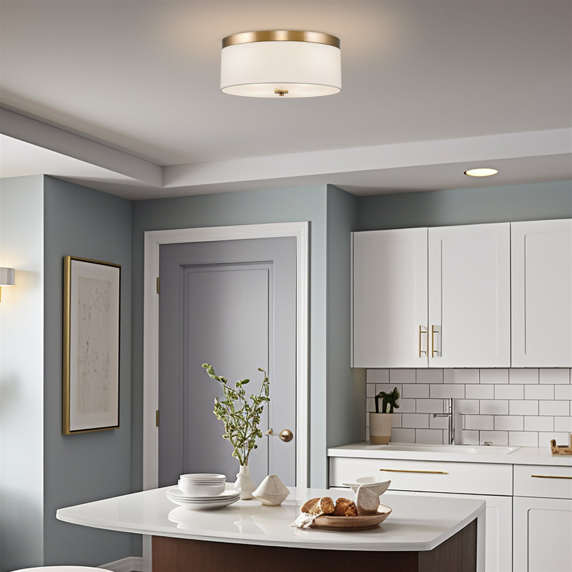 Kira Home Walker 15" Drum Gold Flush Mount Ceiling Light, White Fabric Shade, Frosted Glass Diffuser, Close to Ceiling
