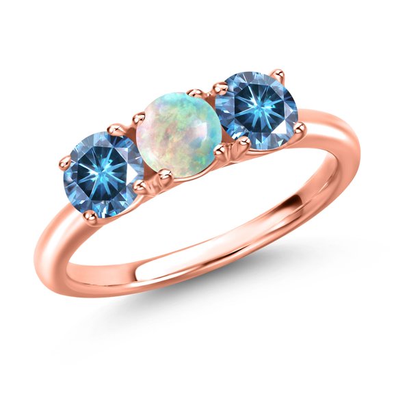Gem Stone King 18K Rose Gold Plated Silver Simulated White Opal and Persian Blue Moissanite Engagement Ring for Women | 1.50 Cttw | Round Cabochon 5MM | Gemstone October Birthstone | Size 9