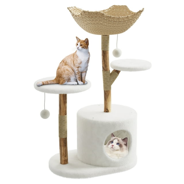 Modern 46-Inch Cat Tree Tower with Natural Wood Frame – Wicker Condo, Scratching Posts, Hanging Pom Pom Playthings, and Elevated Platforms – Stylish Indoor Cat Furniture for Large Cats and Kittens