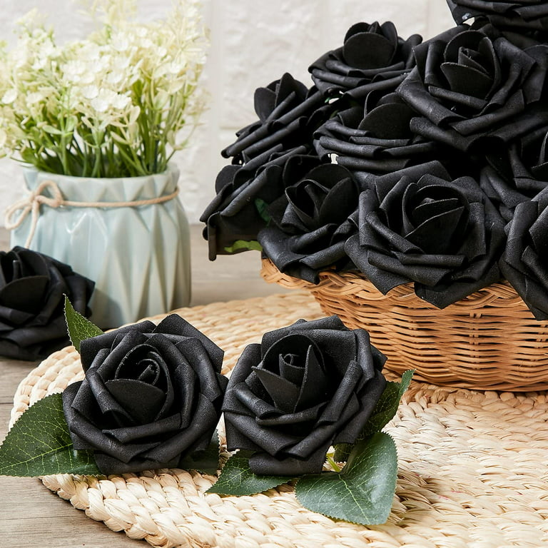 Black Foam Fake Roses, 25 Pcs Real Looking Aqua Artificial Rose Flowers  with Leaves and Stems for DIY Wedding Bouquets Baby Shower Party Home  Decorations 