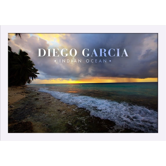 Diego Garcia, Indian Ocean - Beach and Grey Sky - Lantern Press Photography (24x16 Giclee Art Print, Gallery Framed, White Wood)