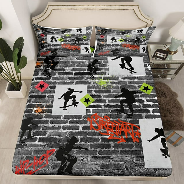 Erosebridal Drap-Housse Planche à Roulettes Moderne Complet, Ensemble de Draps-Housses Hip Hop Complet, Décoration de Sports de Rue, 3 Pcs (Sans Drap Plat)