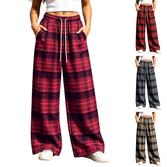 Idoravan Womens Plaid Pants Wide Leg Women's Elastic Waist Straight Casual Wide Leg Pants Daily Wear Outfit Pants Womens Loose Pants Casual