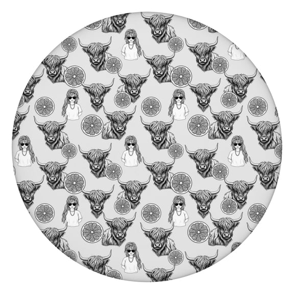 Gray Highland Cow Lemon Pattern Round Fitted Tablecloth with Elastic Edge,Dining Table Cover Waterproof,Outdoor Round Tablecloth for Camping,Dining,Indoor and Outdoor