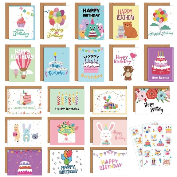 20 Pack Assorted Happy Birthday Cards Bulk with Envelopes & Stickers, Colorful Birthday Greeting Cards Set for Men Women Family Friends Colleagues, Birthday Card Assortment with 20 Unique Designs