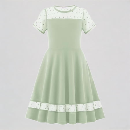 REDARER Girls Fit & Flare Dress with Polka Dot Mesh Yoke & Hem Classic Round Neck Casual Everyday for Spring & Summer 8-9 Years