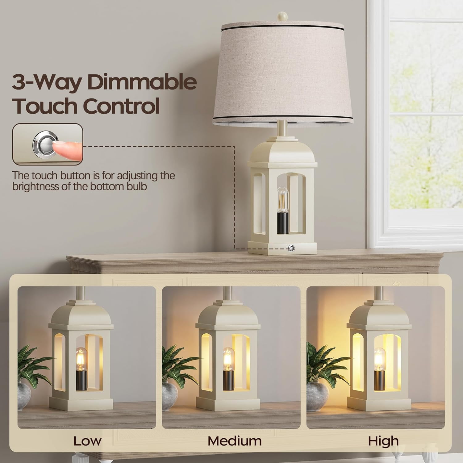 Table Lamp for Living Room, Farmhouse Lamps Set of 2 with USB A+C and Nightlight, 26" Rustic Bedside Lamps with 3-Way Dimmable, Touch Nightstand Lamp for Bedroom, White