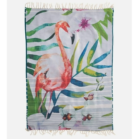 Reversible Beach Towel - Bamboo Beach Towel - Reversible- Blue Green Stripe & Flamingo