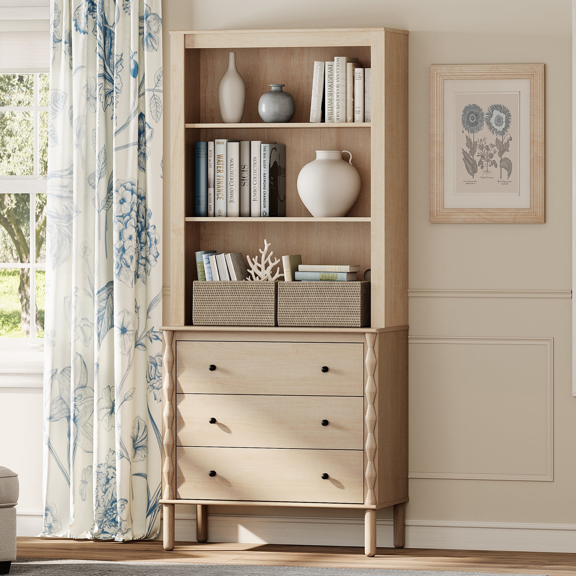 72" Tall Adjustable Bookshelf with 3 Drawers and Open Book Shelves,Natural