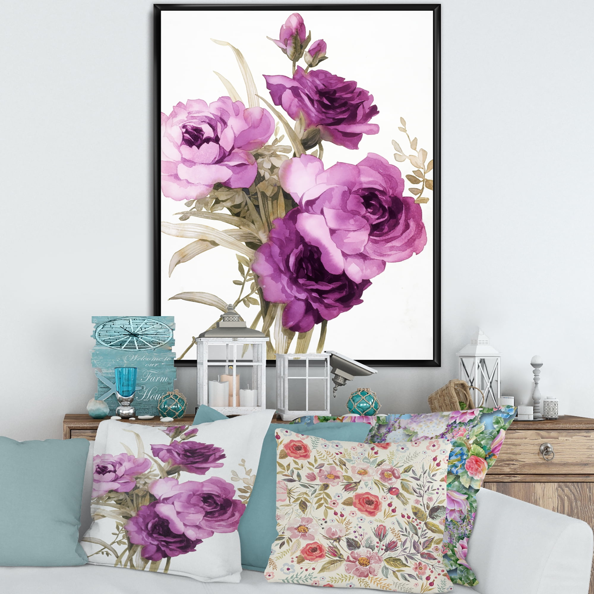 Designart 'Bouquet of Dark Pink Roses' Traditional Framed Canvas Wall Art Print