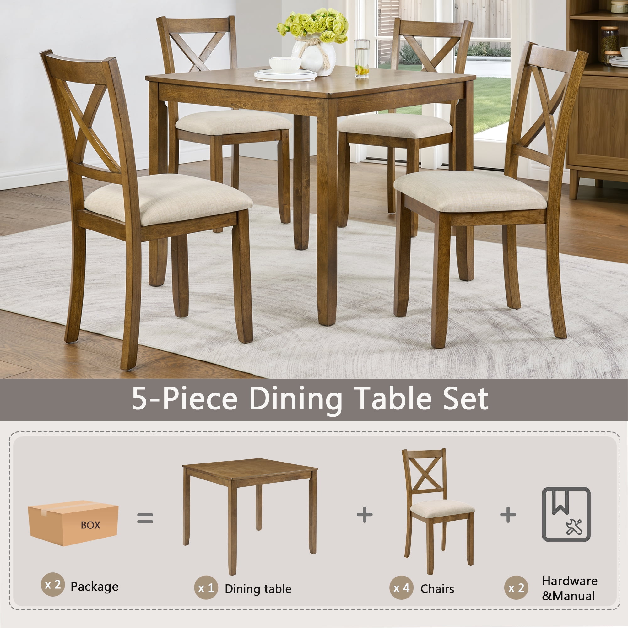 5-Piece Dining Table Set for 4, Square Dining Table with 4 Upholstered Chairs