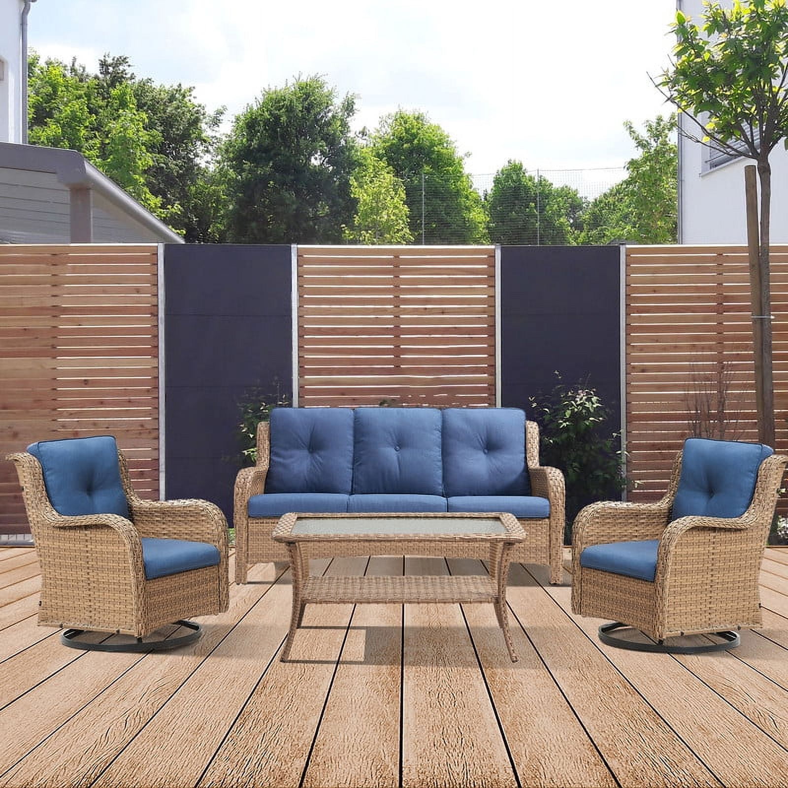 PARKWELL 4 Pieces Outdoor Patio Furniture Set Wicker Rattan Swivel Glider Chairs Cushioned Sofa Coffee Table All-Weather Conversation Sectional with Anti-Slip Cushions for Balcony