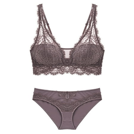 

fanshao Sexy Women Solid Color Lace Underwear Set Wireless Padded Bra Briefs G-string