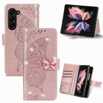 Dteck for Samsung Galaxy Z Fold 4 Case Wallet for Women, Flip Folio Cover with Butterfly Embossed Diamond PU Leathe Stand Card Holder Protective Case with Wrist Strap,Rosegold