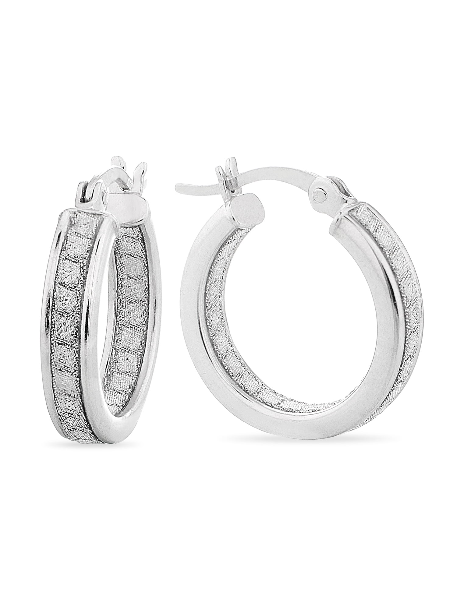 Brilliance Sterling Silver Polished with Glitter Hoop Earring Set