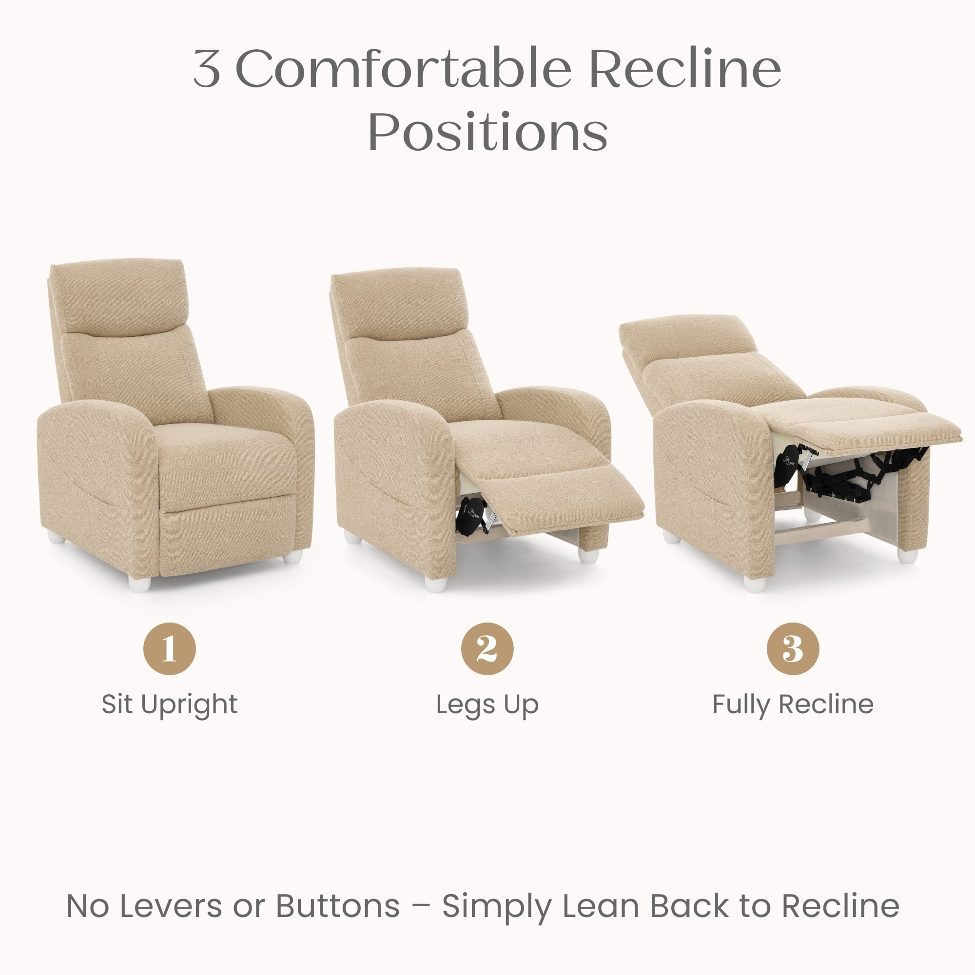 Delta Children Riley Pushback Stationary Recliner, Boucle Textured Fabric with Pocketed Coil Cushion and Side Storage Pocket, Wheat