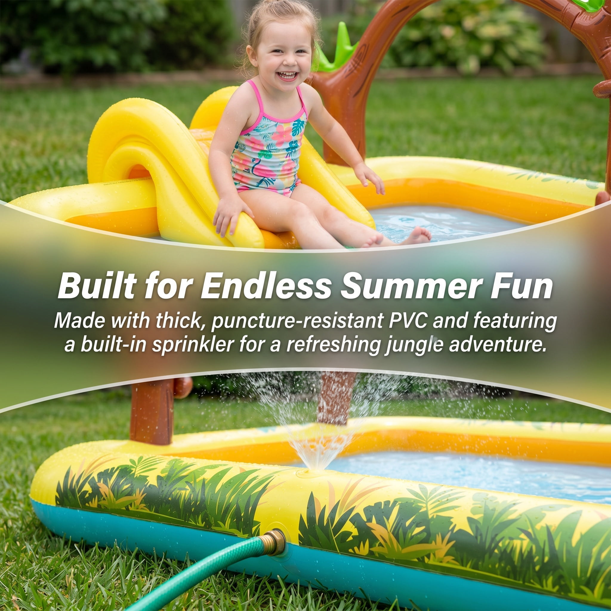 Sun Club Jungle Themed Inflatable Play Center Spray Pool with Slide, Sprinkler & Ring Toss Game, Outdoor Kids Water Play Pool for Toddlers 2-6, Backyard Summer Fun