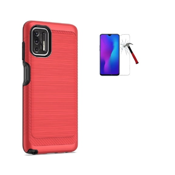 For Motorola Moto G Stylus (2021) / Straight Talk Motorola Moto G Stylus (6.8”) Case, Shock Resistant Brushed Texture Cover Case   Tempered Glass  (Red)