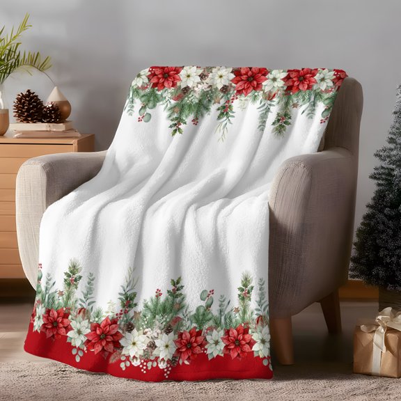 Throw Blanket Fleece Throw Blanket 40x50in, Winter Poinsettia Holly Berry Soft Lightweight Bed Blankets Christmas Pinecone Flower Leaf Fuzzy Couch Blankets for All Season