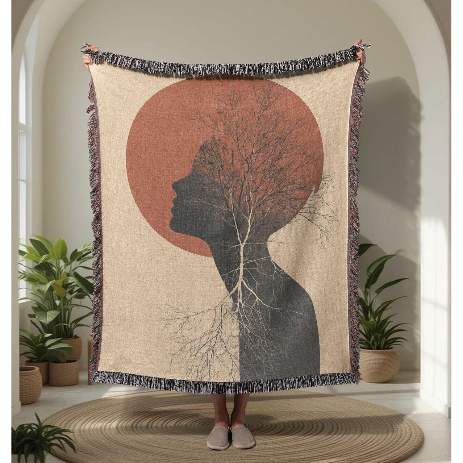 Tree Silhouette Woman Rust Woven Throw Blanket Cotton with Fringed Edges for Bedroom Accent