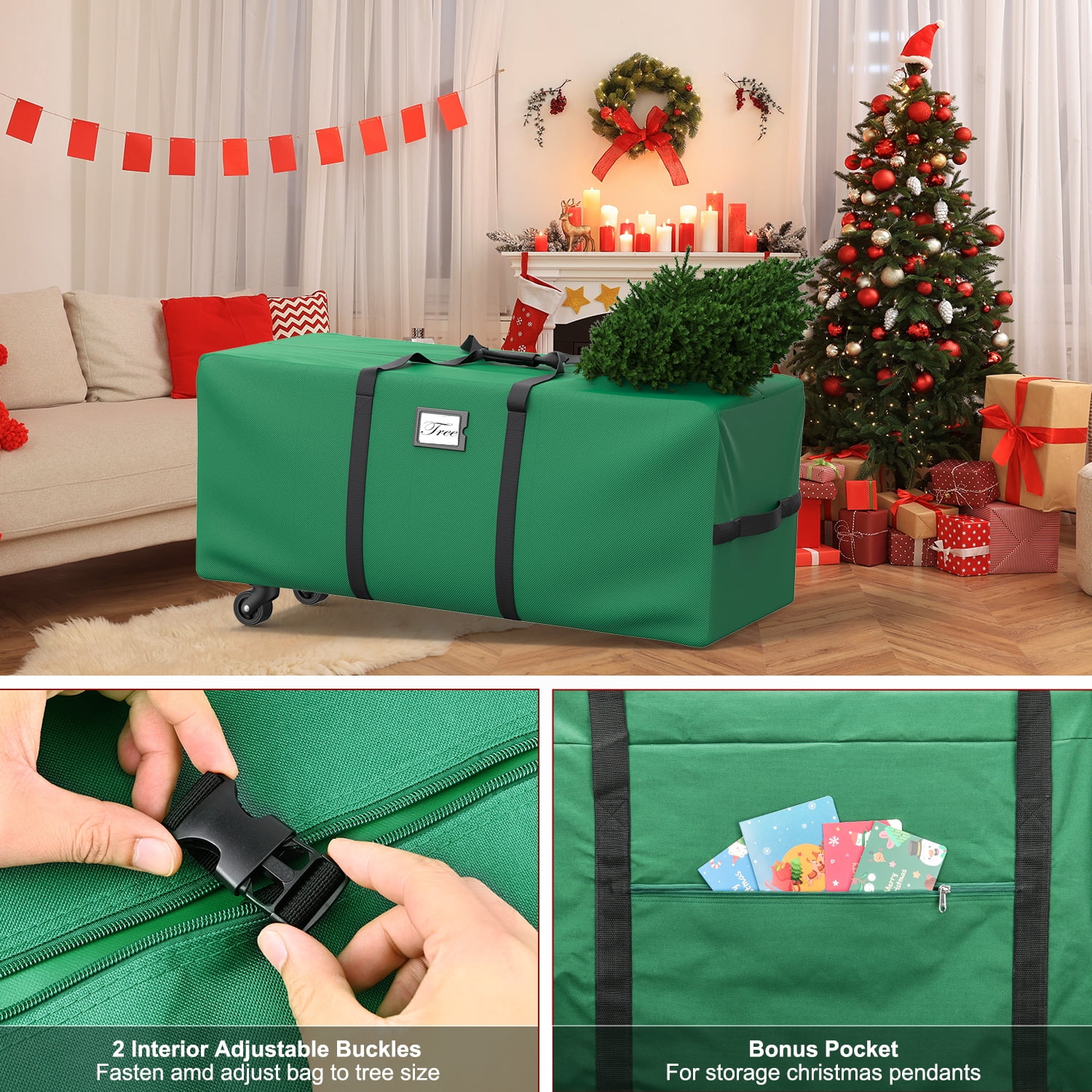 Christmas Tree Storage Bag, Heavy-Duty 600D Oxford Cloth Fits Up to 9FT Xmax Christmas Tree Storage Box with Rolling Wheels, Dark Green