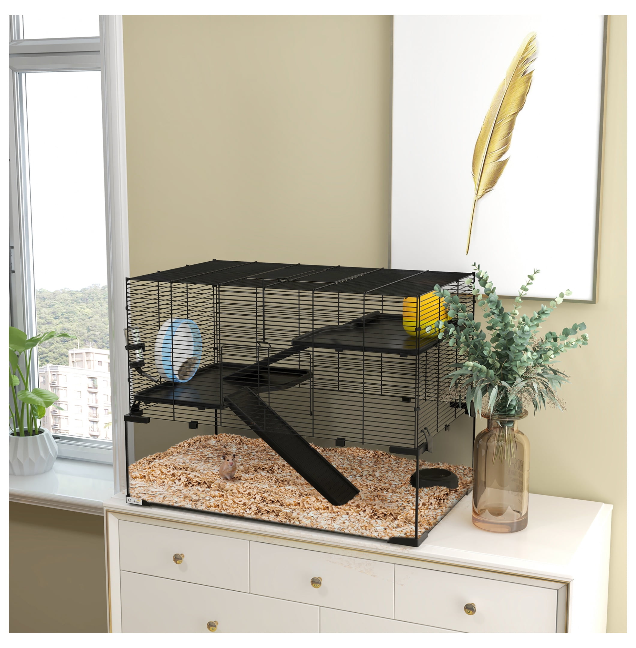 PawHut Hamster Cage, 31" Gerbil Cage with Glass Basin, Ramps, Platforms, Hut, Exercise Wheel, for Small Hamsters, Black