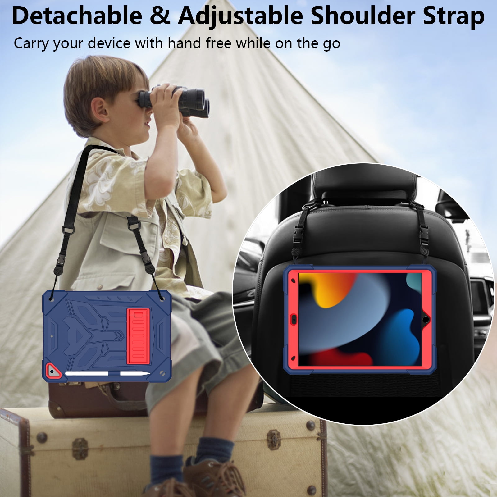 ELEHOLD Hybrid Rugged Case for iPad 9th/8th/7th Gen 10.2 2021/2020/2019, Heavy Duty Shockproof Case with Hidden Foldable Kickstand Adjustable Crossbody Shoulder Strap Pencil Holder,Darkblue