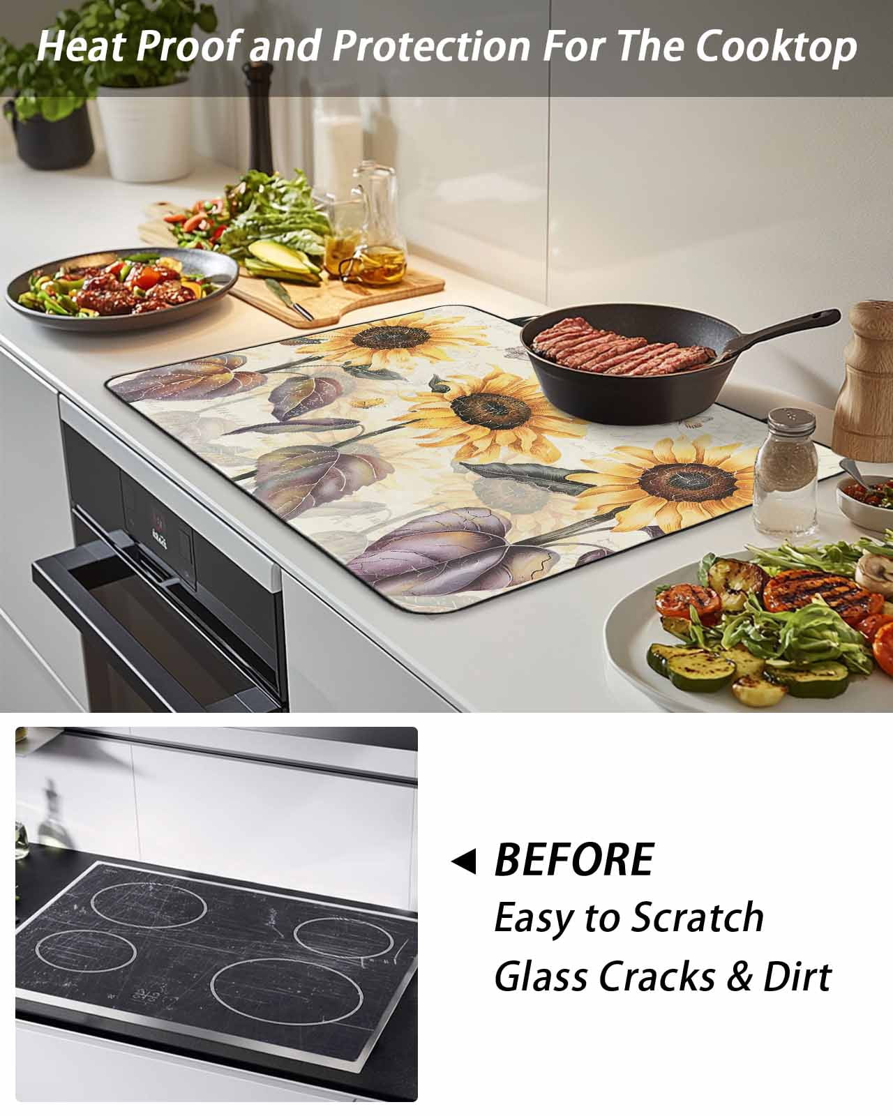 Stove Top Covers for Electric Stove, Sunflower Glass Stovetop Cover Protector, Yellow Summer Botanical Floral Farmhouse Induction Cooktop Protector Oven Mat for Kitchen Countertop 24"x21"
