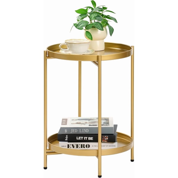2-Tier Round End Side Table, Small Metal Side Table with Removable Tray, Folding Accent Tables for Living Room, Balcony, Nightstand for Bedroom, Outdoor Tables for Patio, Gold