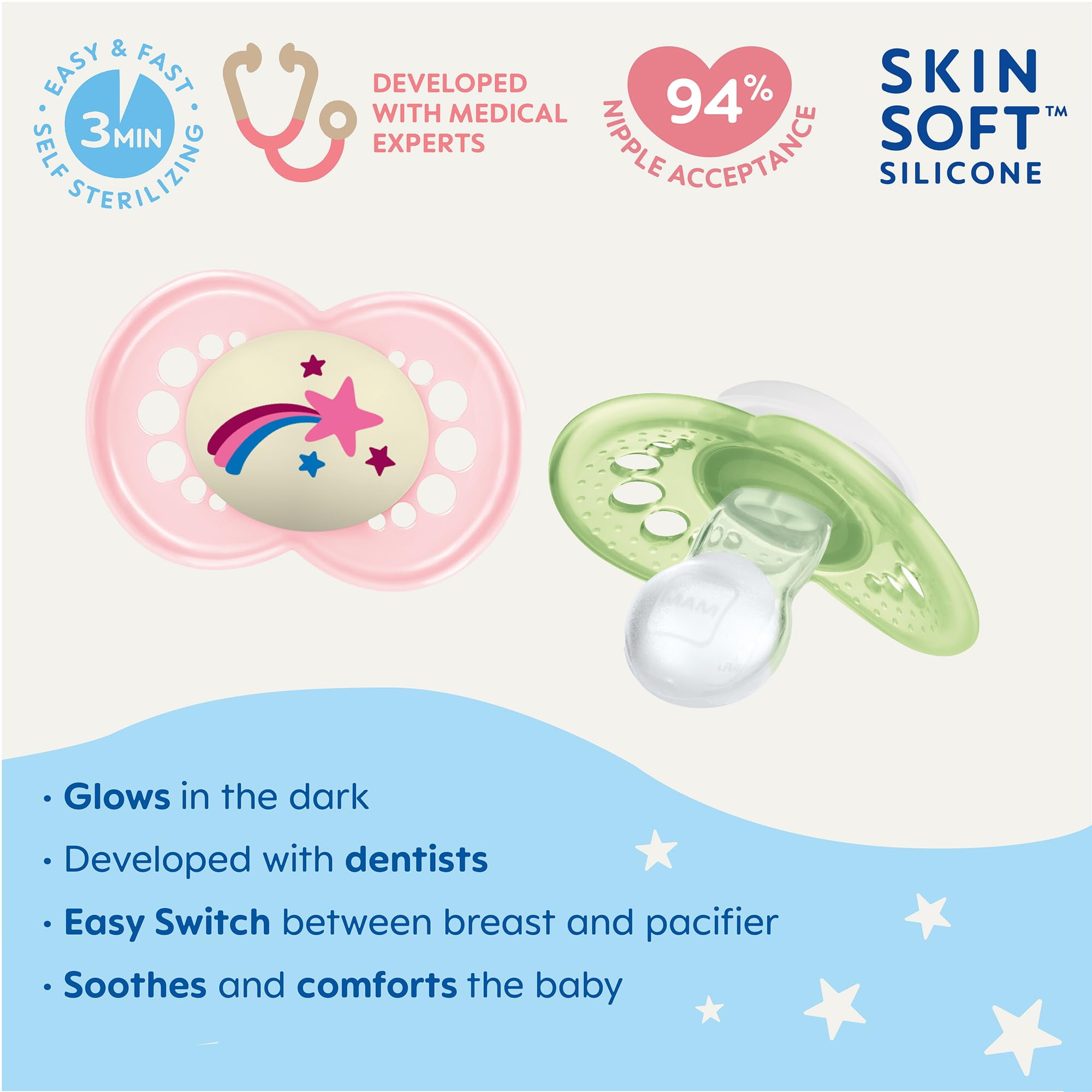 MAM Day & Night Pacifiers, Glow in The Dark Pacifier for Breastfed Babies, 16+ Months, Girl