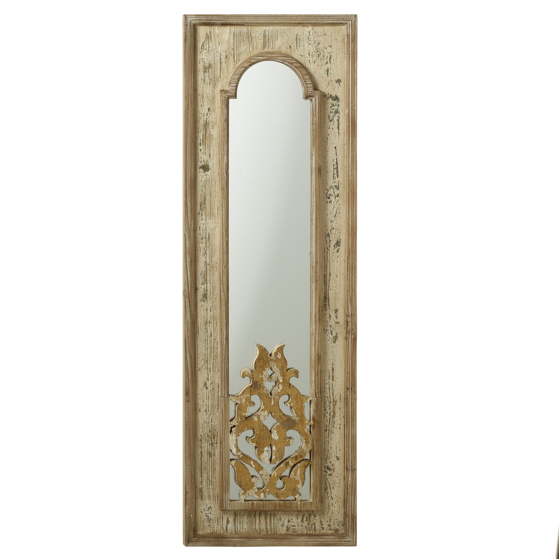 Cbk Wood Natural Framed Arch Mirror With Gold Scroll Inlay At Bottom 151286