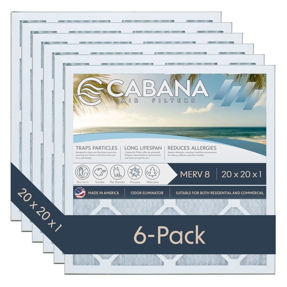 Cabana Air Filters 6 Pack HVAC Furnace Filter, MERV 8, 20 x 20 x 1, White
