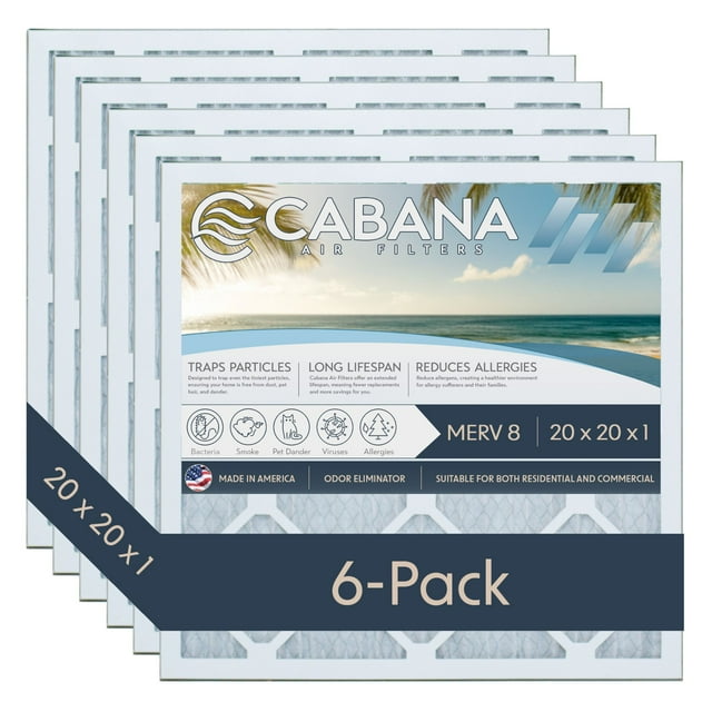 Cabana Air Filters 6 Pack HVAC Furnace Filter, MERV 8, 20 x 20 x 1, White