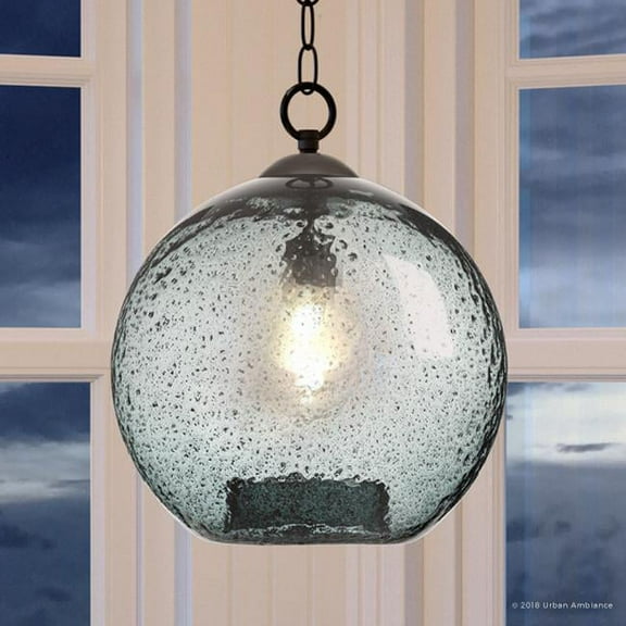 Urban Ambiance Luxury Bohemian Pendant, Size: 14"H x 11-3/4"W, with Farmhouse Style Elements, Olde Bronze Finish and Recycled Blue Textured Shade, UHP2581