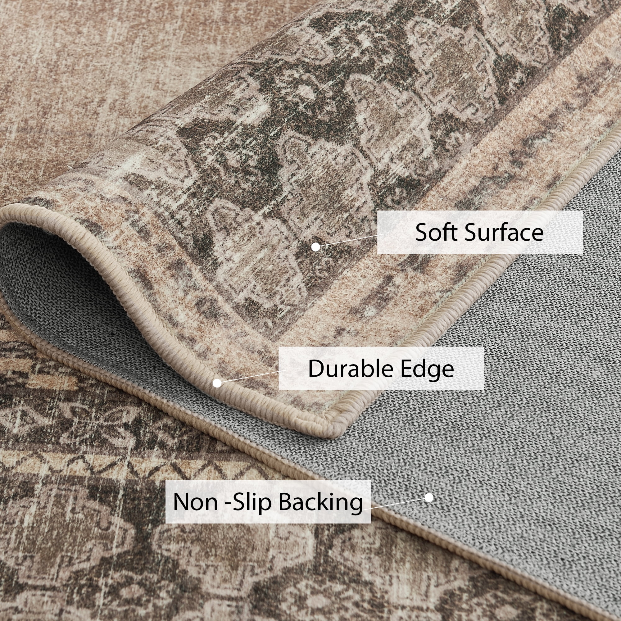 NICETOWN 2'x8' Runner Rug, Machine Washable Traditional Tribal Area Rug Non-Slip Stain Resistant Hallway Runner Rug Soft Foldable Low Pile Floor Mat for Kitchen Bedroom Hallway, Brownness